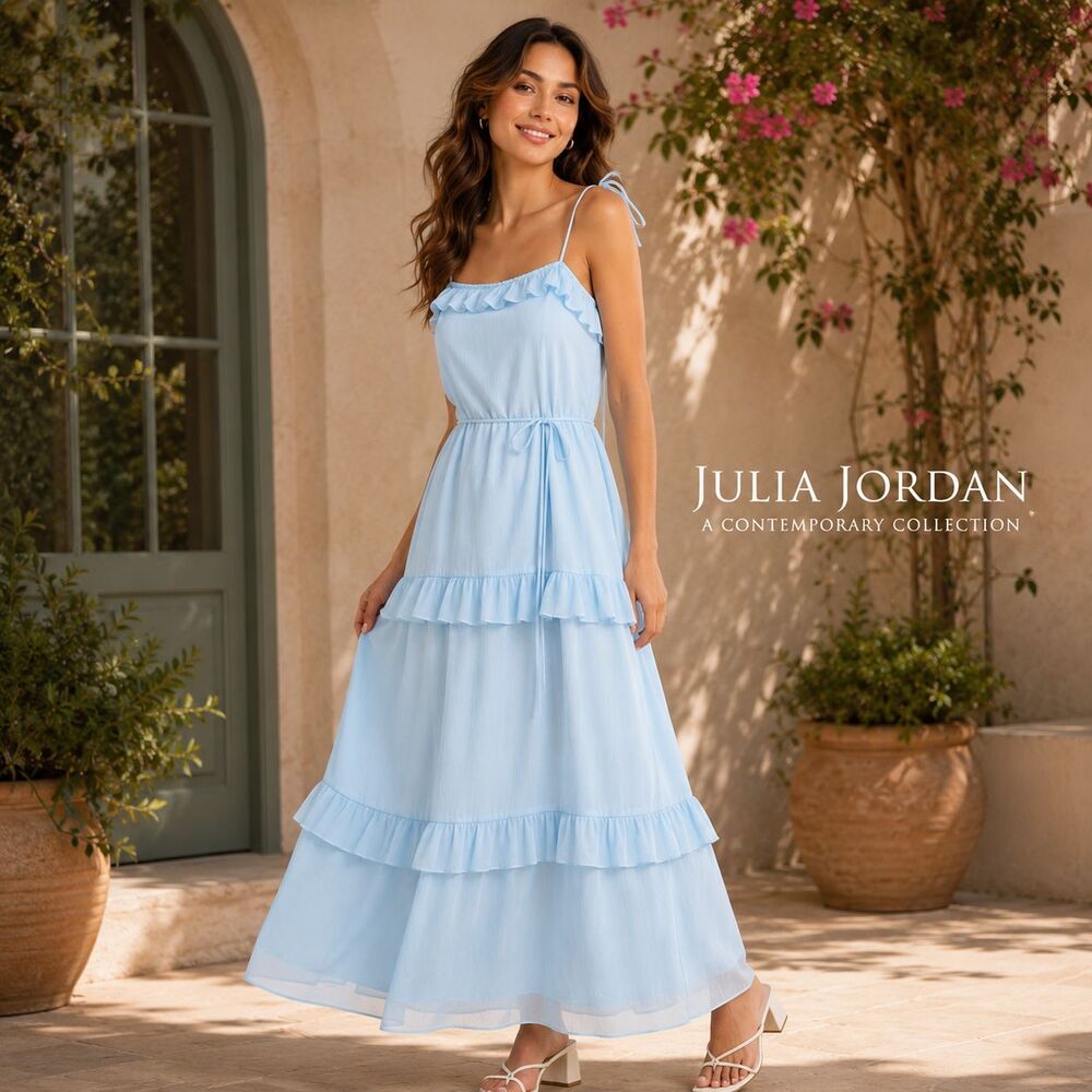 JULIA JORDAN Women’s New Tie Strap Tiered Midi Dress SMALL Light Blue JJ40823